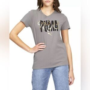 NWT PUMA Women’s Gray Short Sleeve NYC Gold Script Graphic Tee Shirt- Size Small